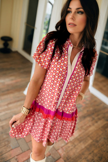 Orange Geometric Floral Print Color Block Trim Button Front Ruffle Hem Dress