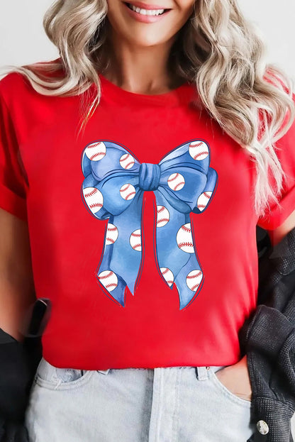 Red Rugby Bowknot Graphic Crew Neck Tee
