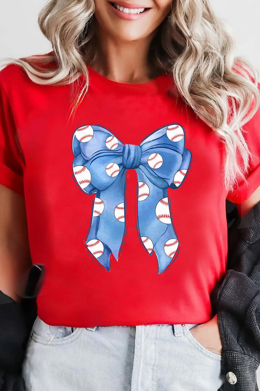 Red Rugby Bowknot Graphic Crew Neck Tee