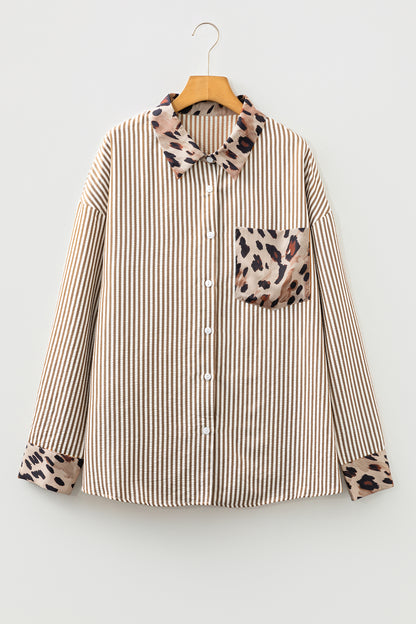 Brown Stripe Leopard Patched Collared Chest Pocket Cuffed Long Sleeve Plus Size Shirt