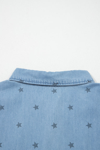 Beau Blue Star Allover Print Double Chest Pocket Short Sleeve Denim Shirt