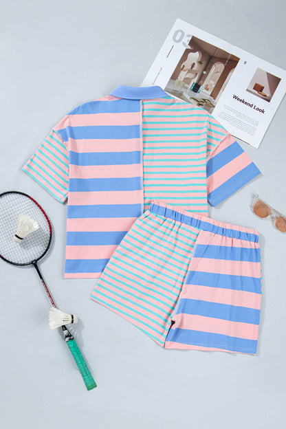 Pink Stripe Exposed Seam Mixed Patchwork Loose Short Set