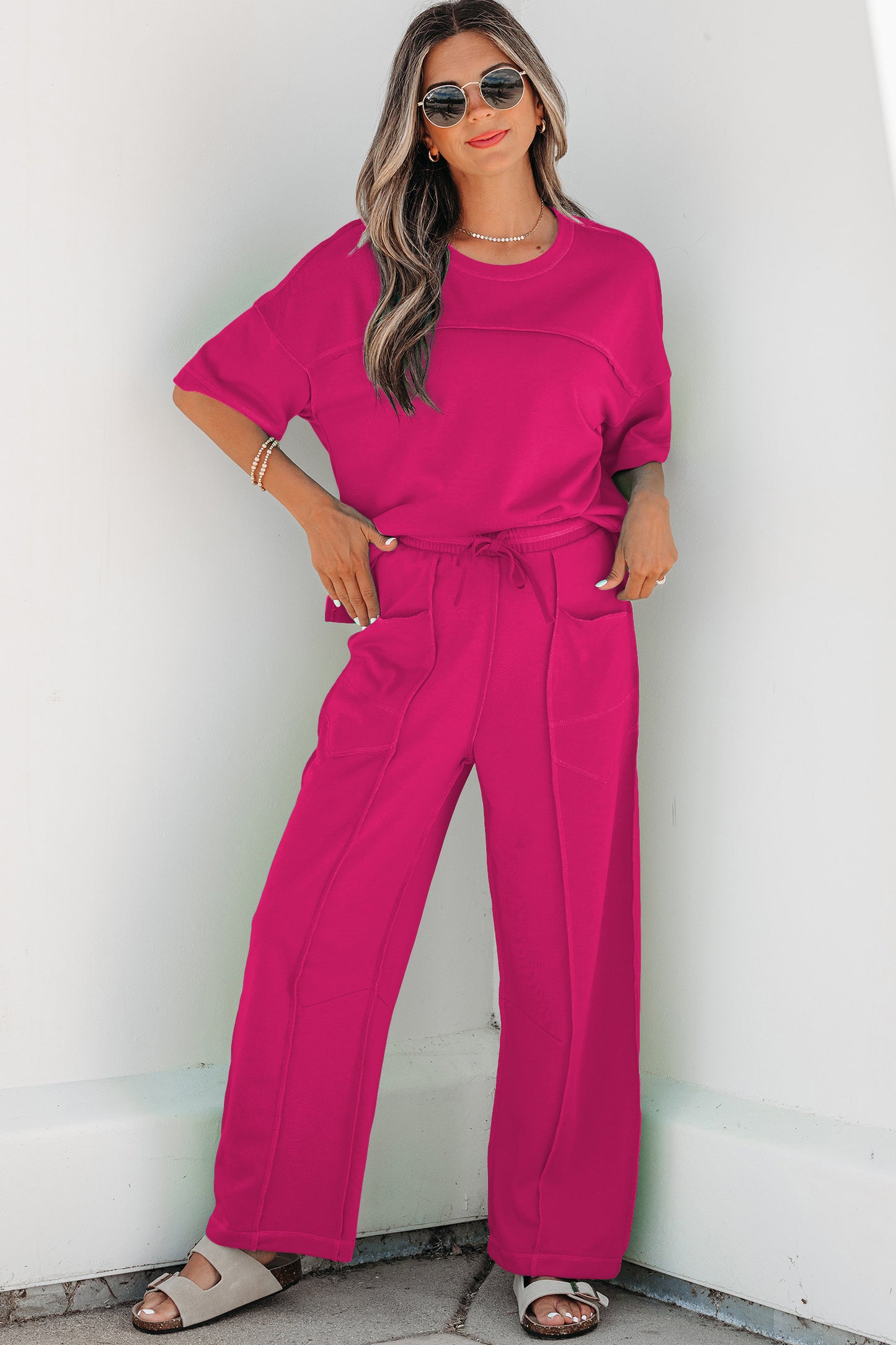Rose Red Drop Shoulder Boxy Tee and Barrel Pants Set