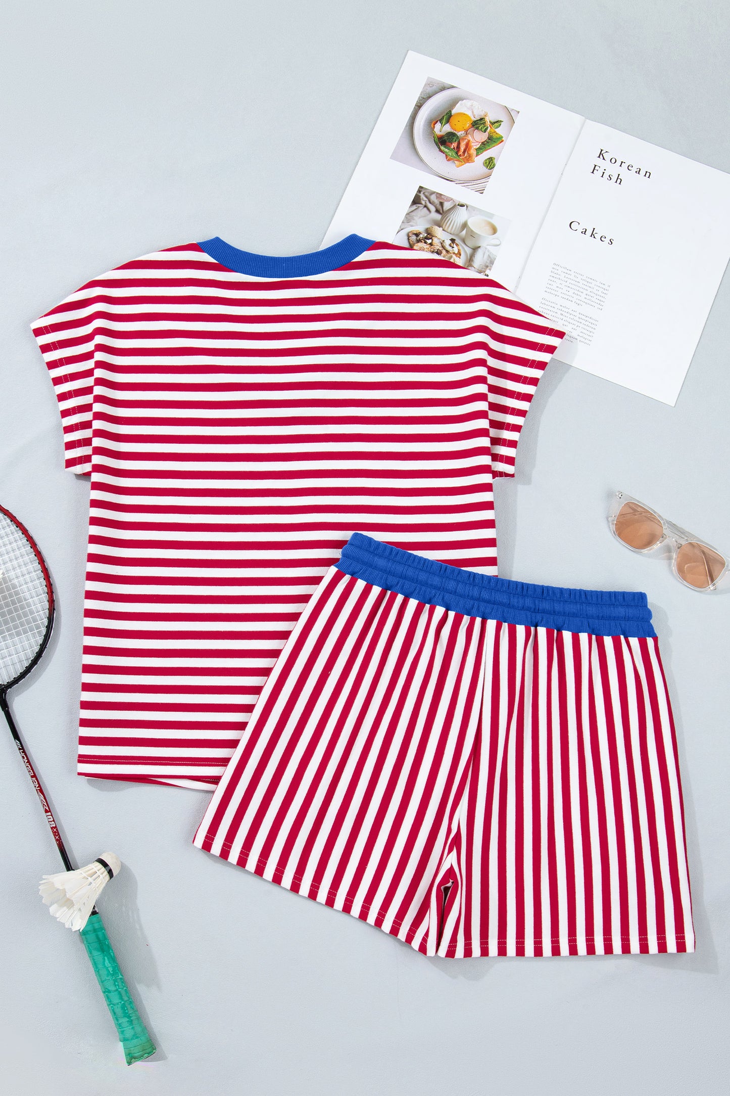 Red Stripe Colorblock Trim V Neck Tee Drawstring Elastic Waist Short Set