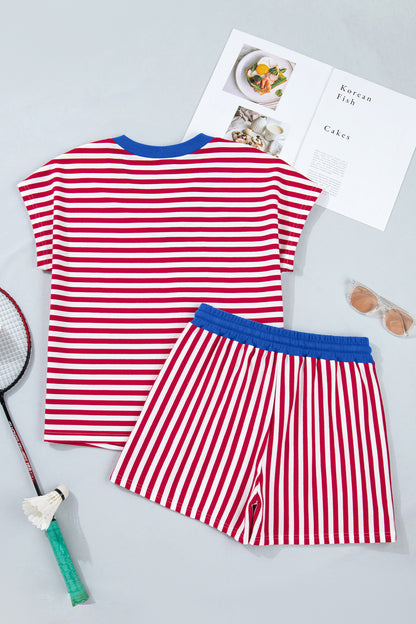 Red Stripe Colorblock Trim V Neck Tee Drawstring Elastic Waist Short Set