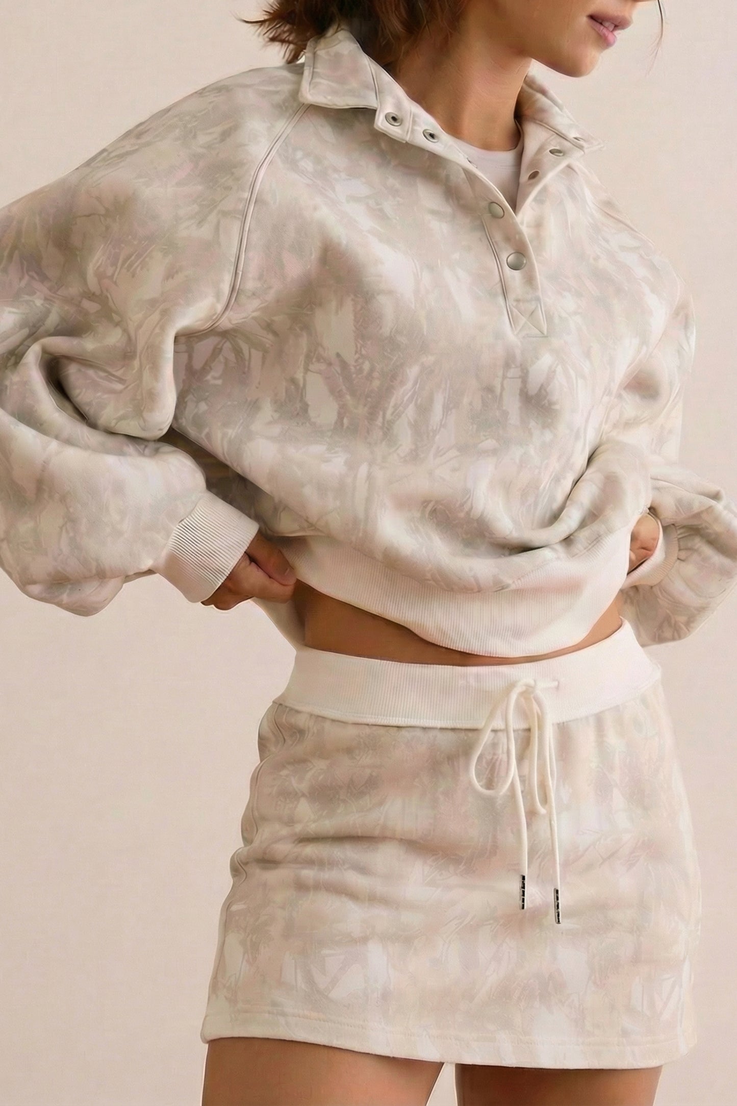 White Abstract Woodland Print Balloon Sleeve Pullover Drawstring Mini Skirt Set
