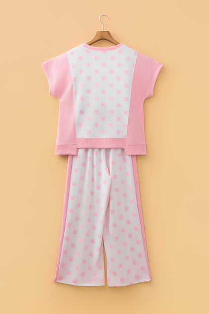 Sky Blue Color Block Patchwork Polka Dot Wide Leg Pant Set