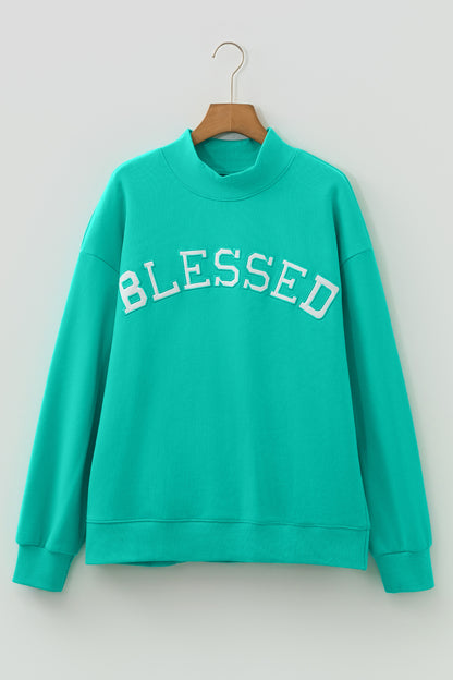 Sea Green Oversize Blessed Embroidered Mock Neck Sweatshirt