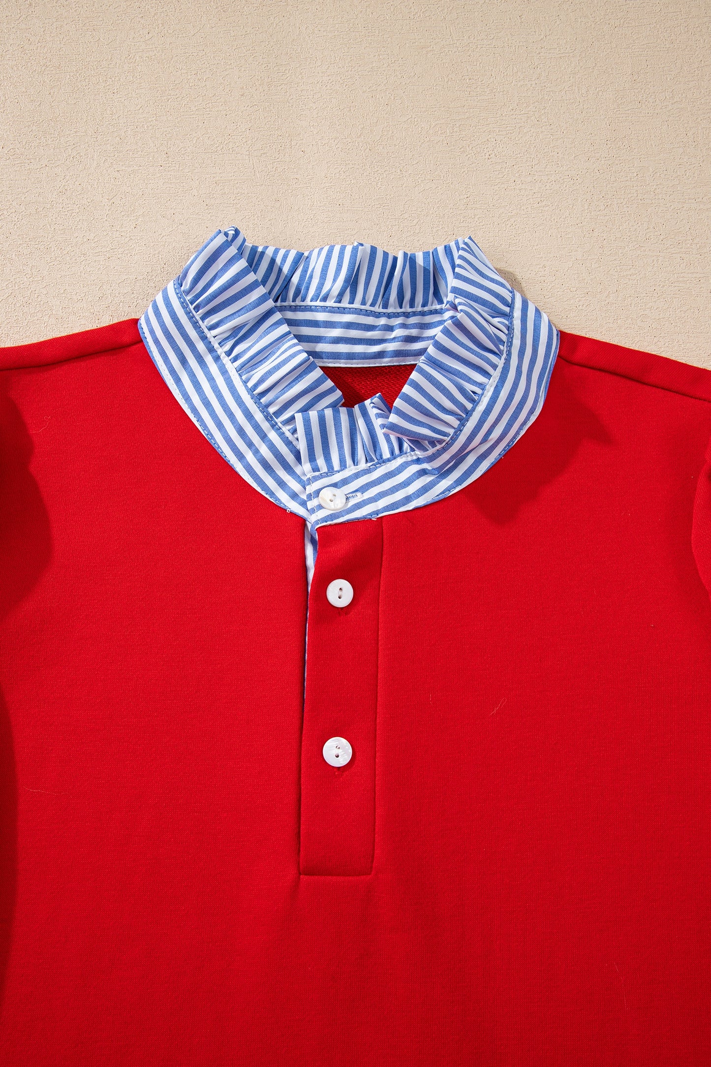 Fiery Red Contrast Striped Collar Patchwork Puff Sleeve Ruffle Hem Mini Dress