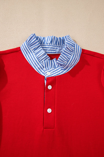 Fiery Red Contrast Striped Collar Patchwork Puff Sleeve Ruffle Hem Mini Dress