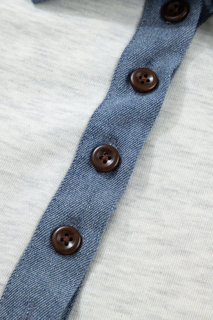 Light Grey Denim Color Block Patchwork Shirt Collar Short Sleeve Blouse